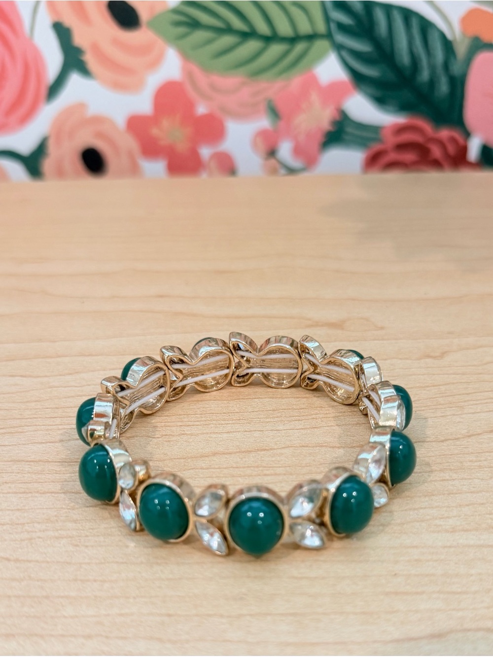 J. Crew Gold Bracelet with Emerald Cabochons and Clear Crystal Accents